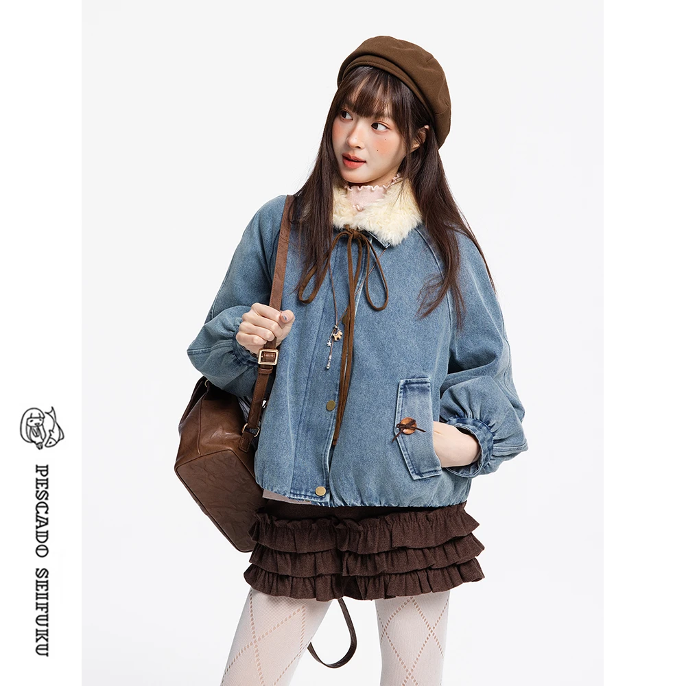 甜鱼少盐[海岛邮差]牛仔外套女冬加厚小个子棉服