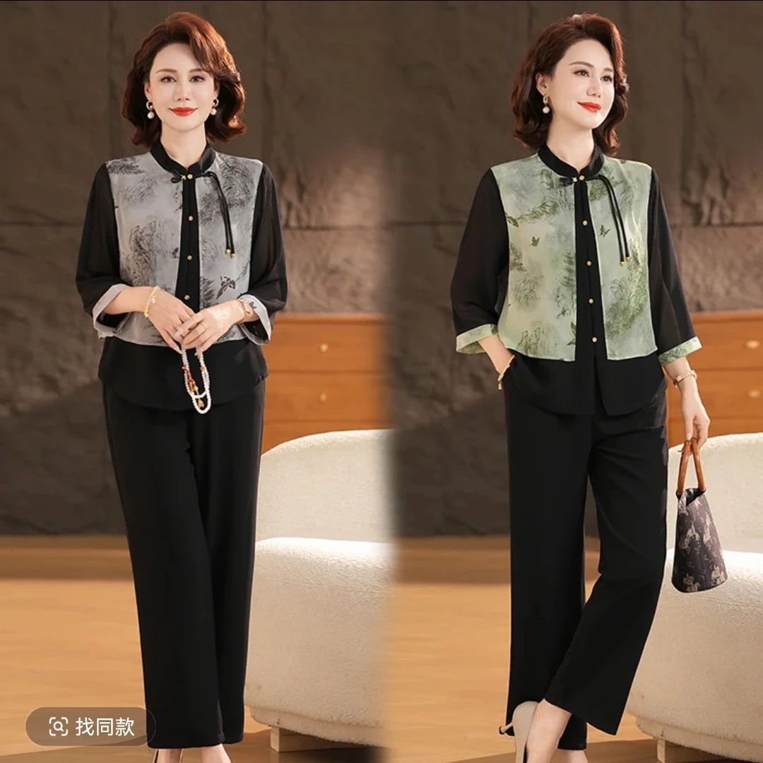 妈妈夏装套装2025新款新中式国风乔其衫中老年女装春夏七分袖上衣