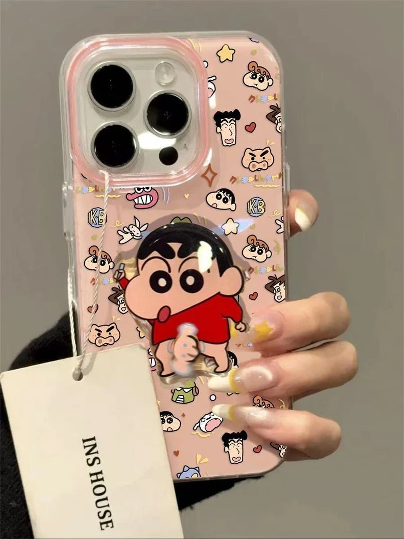 卡通小新支架适用苹果16Pro大孔15手机壳14卡通13/12少女11防摔