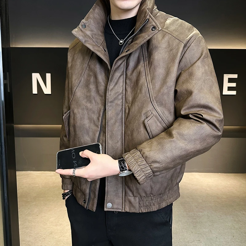 男士冬季立领皮衣白鸭绒短款羽绒服老钱风保暖轻奢皮夹克外套男装