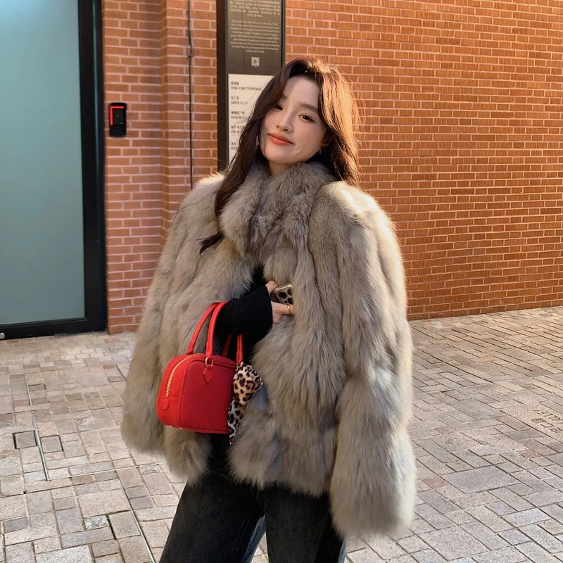 木颗“小步舞曲”进口狐狸腹毛皮草外套女可翻可立毛毛大衣显瘦