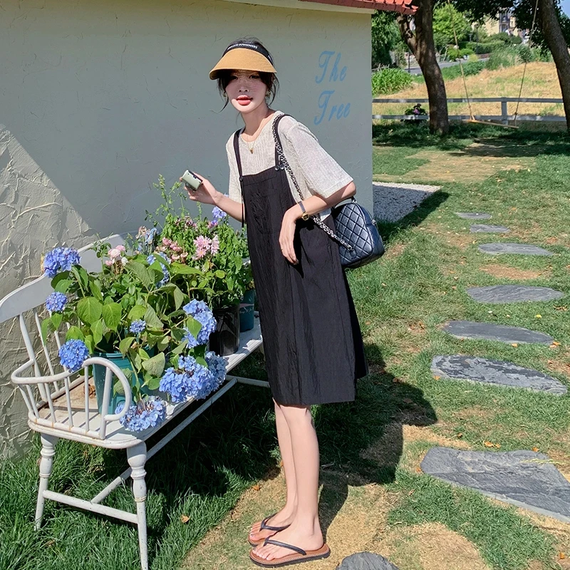 设计感拼色假两件背带连衣裙女夏季韩版宽松遮肉显瘦气质T恤裙子