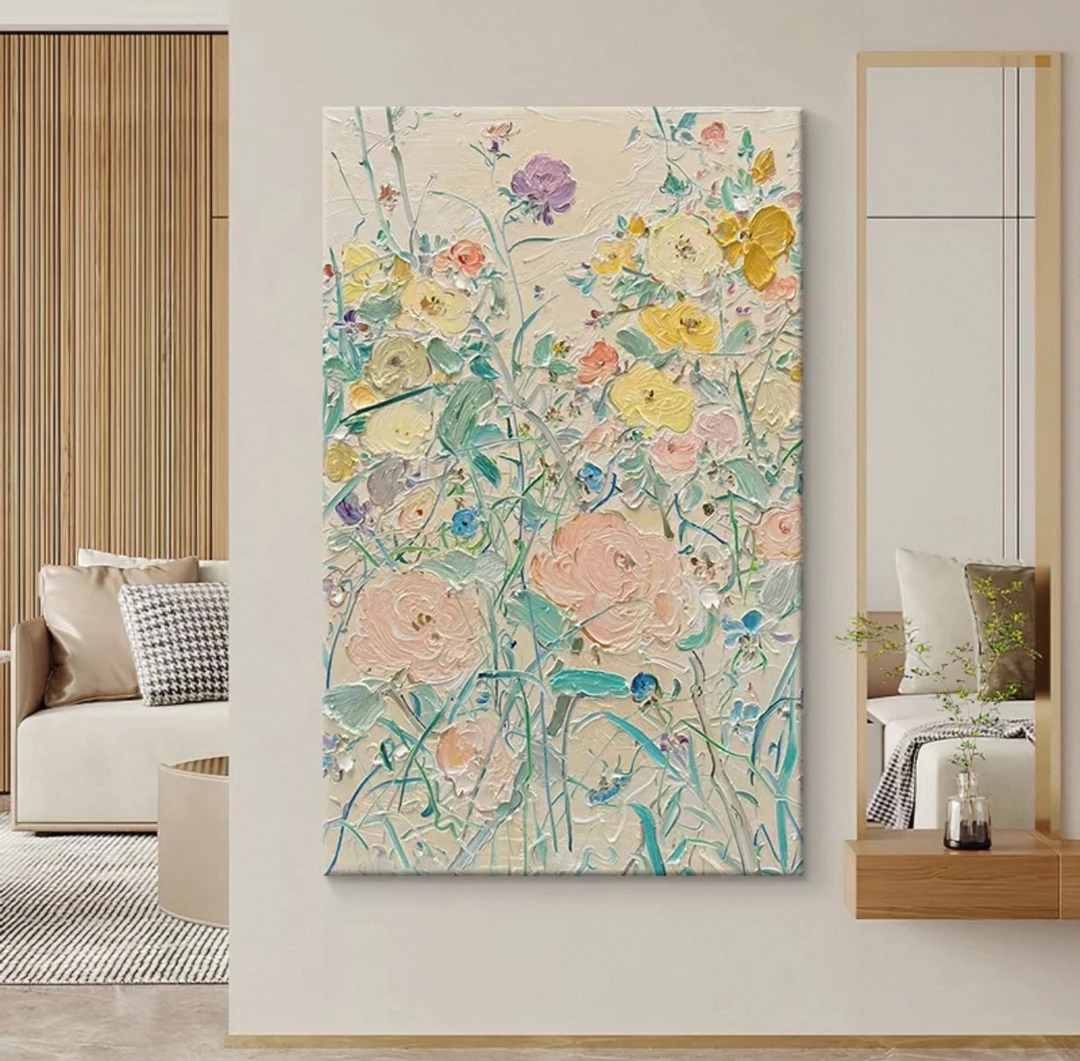 抽象小众艺术花卉手绘油画暖色立体花朵客厅玄关挂画