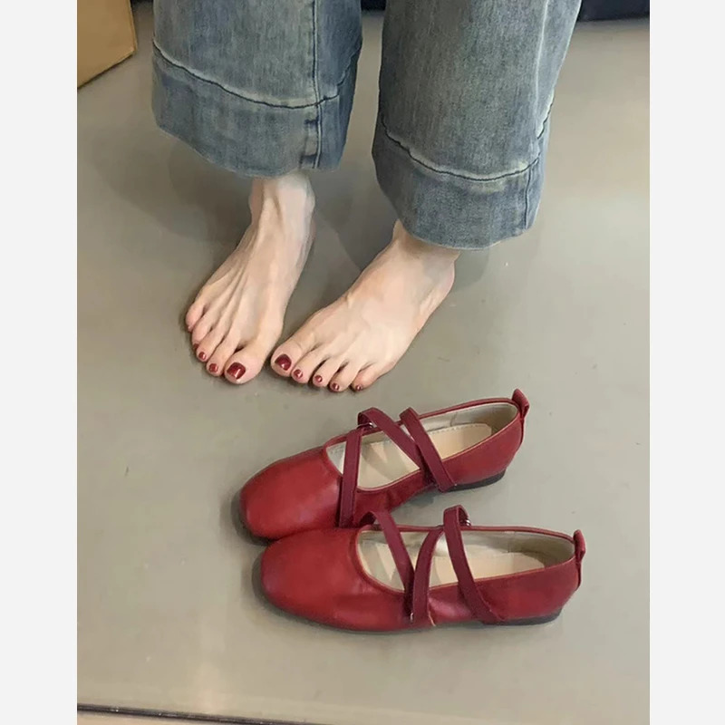 羊皮版~法式交叉带红色玛丽珍鞋平底单鞋女浅口晚风仙女芭蕾舞鞋