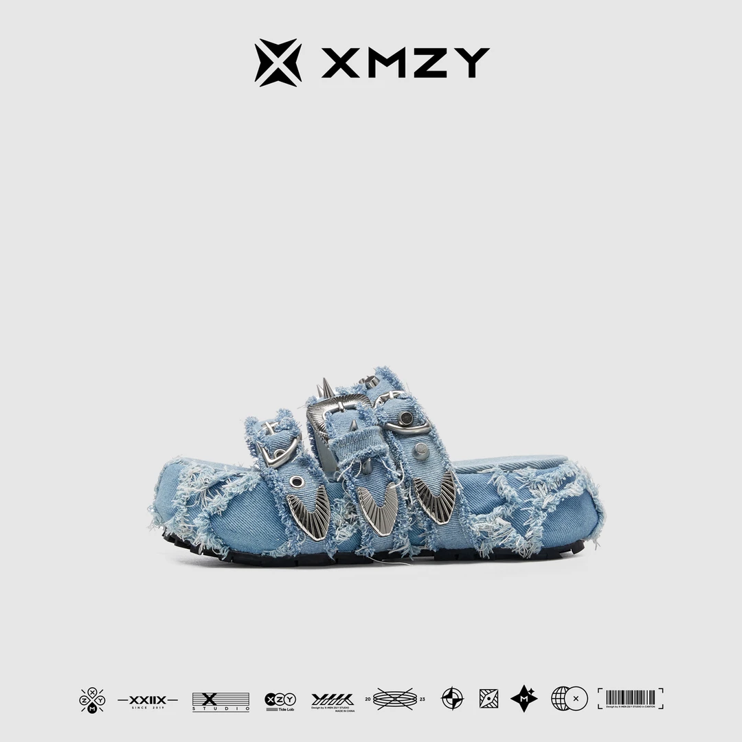 XMZY2025夏季新款原创复古牛仔磨边设计感凉拖朋克风厚底厚底鞋