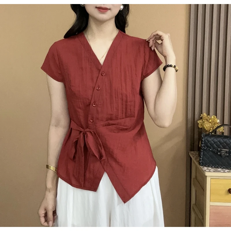 2025夏季新款休闲洋气短袖气质百搭V领显瘦开衫扣上衣小衫60626