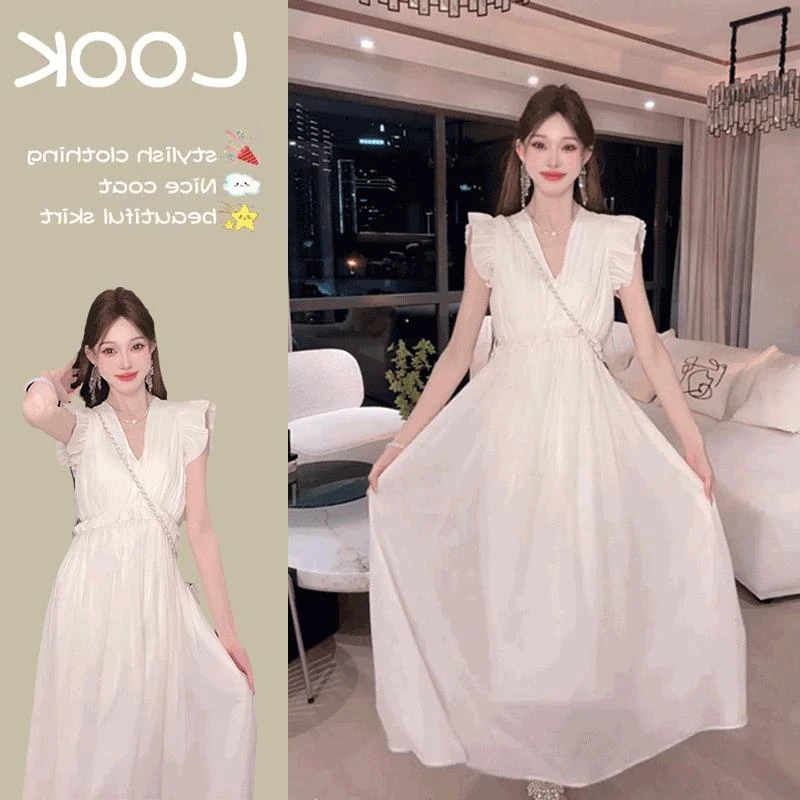 法式气质飞飞袖白色连衣裙女装2025夏季新款时尚甜美可爱风格衣服