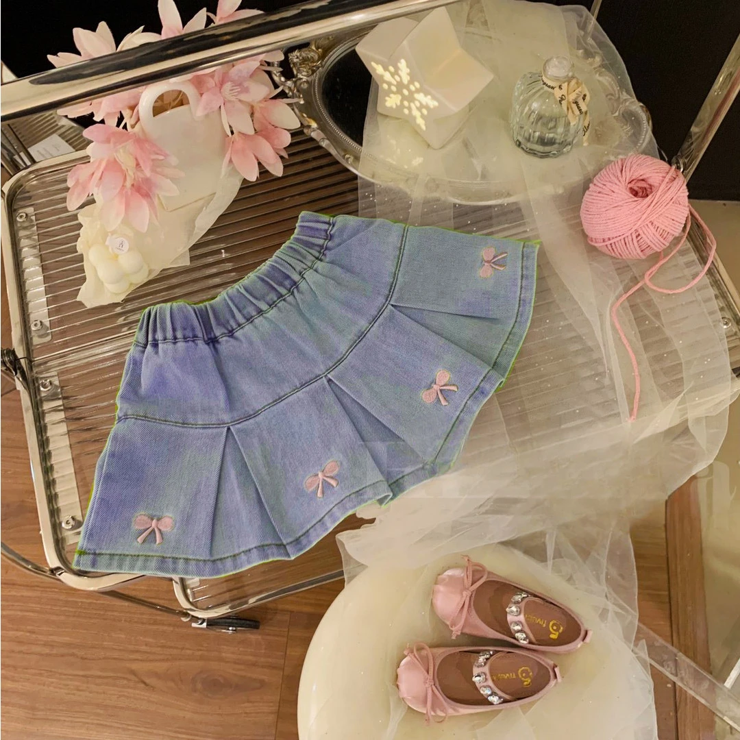 【百搭款百褶裙】 ~2025夏款蝴蝶结刺绣百褶牛仔短裙洋气韩版