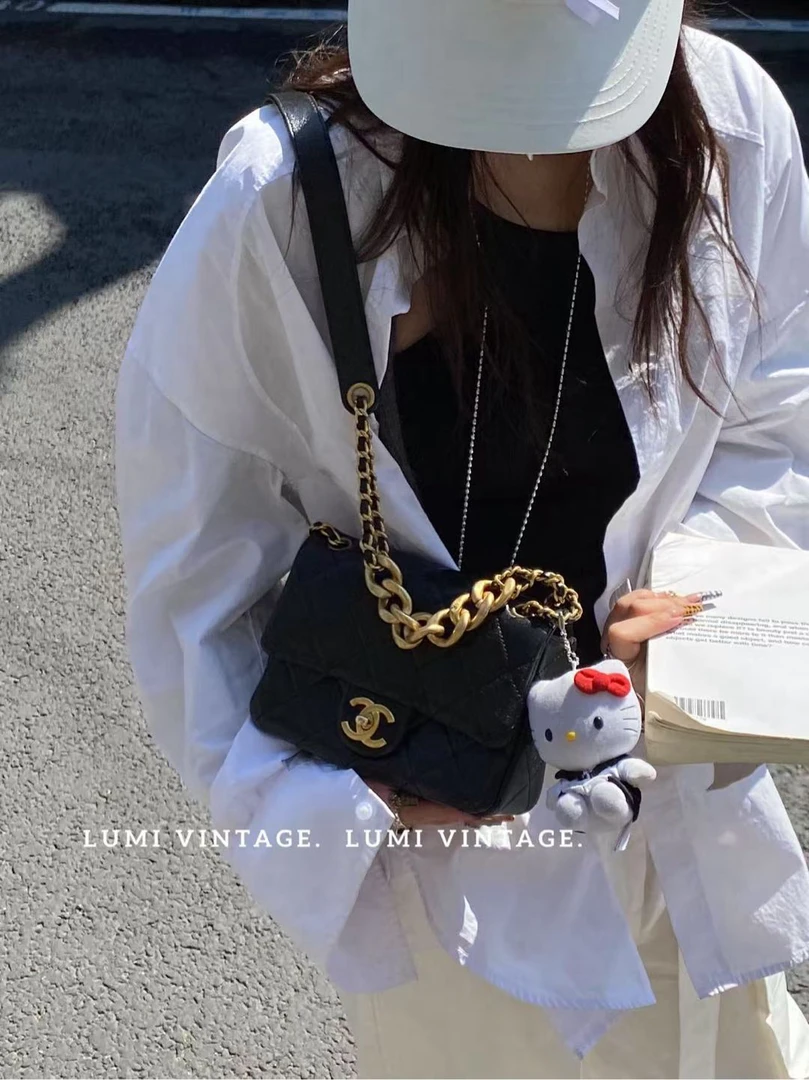 95新 Chanel/香奈儿 22p黑金牛皮粗链条方胖子单肩包88126992