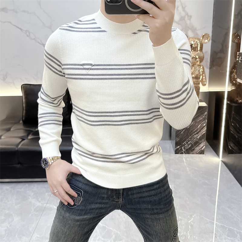 欧货轻奢高品质长袖针织毛衣条纹秋冬男士休闲圆领打底衫潮7701