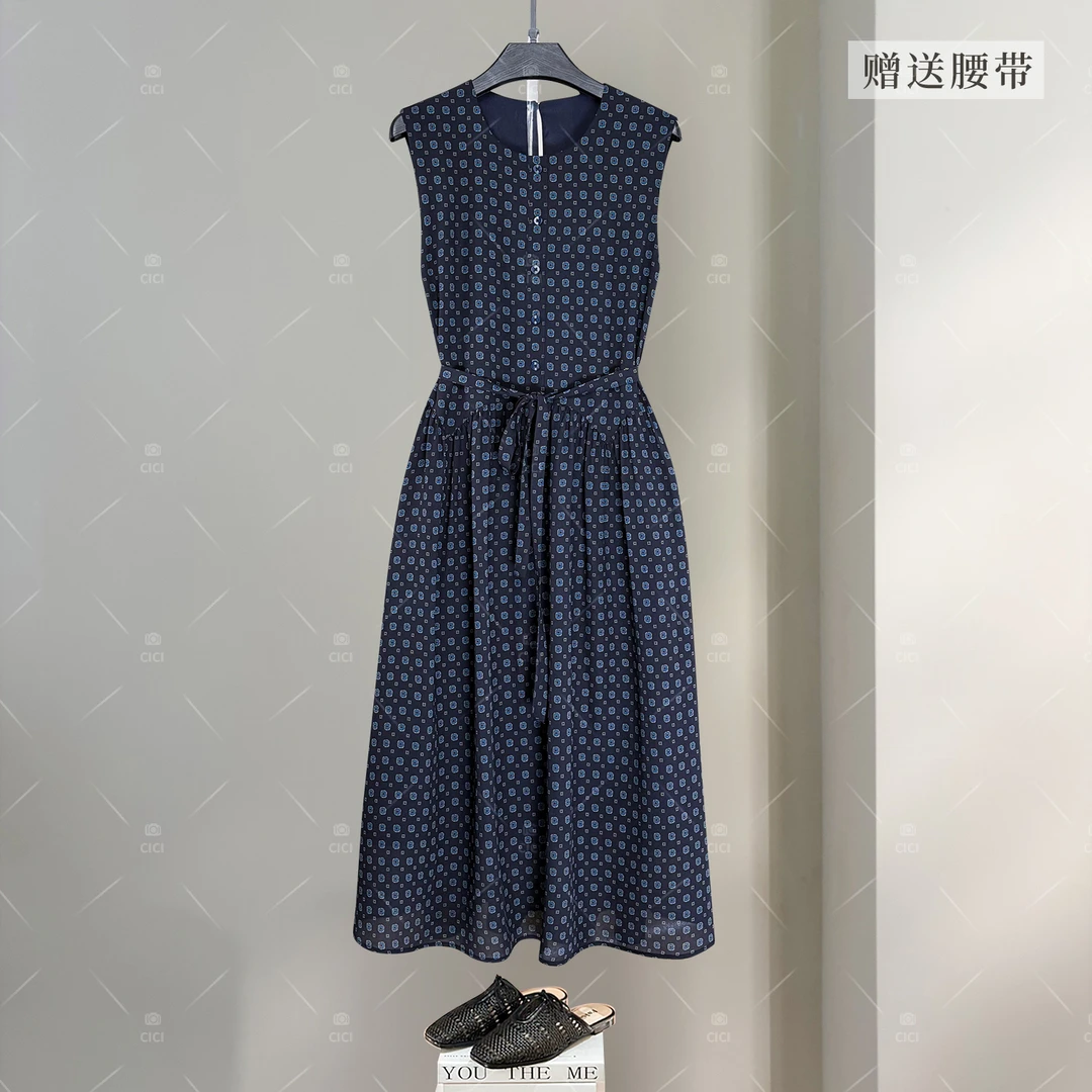 静柔脉络  法式气质印花收腰设计感轻奢显瘦无袖长裙SE-6000554