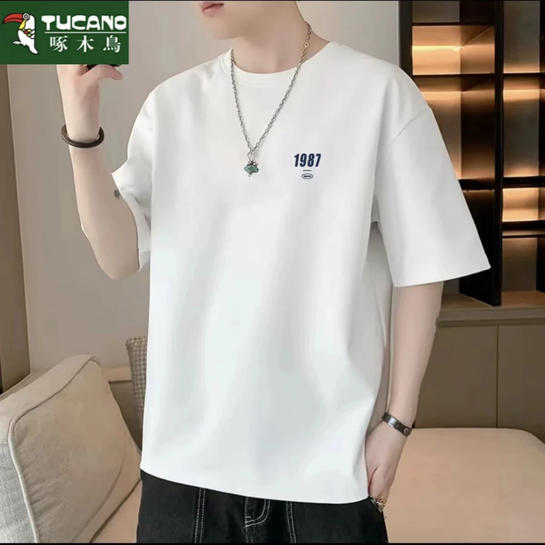 啄木鸟2025夏季纯棉男T恤潮流百搭宽松休闲舒适运动打底衫T恤短袖