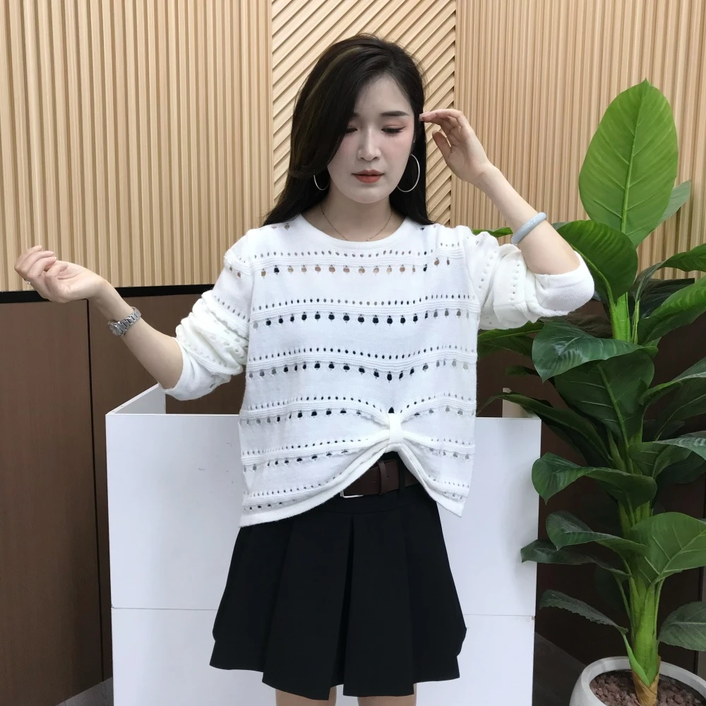 早秋2025新款镂空条纹长袖针织衫大码女装胖mm别致遮肚打底衫上衣