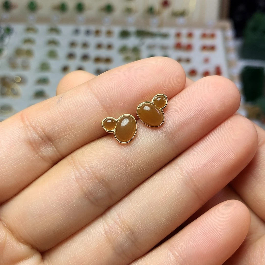 银S925镀金镶嵌和田玉（糖玉）耳饰M**2