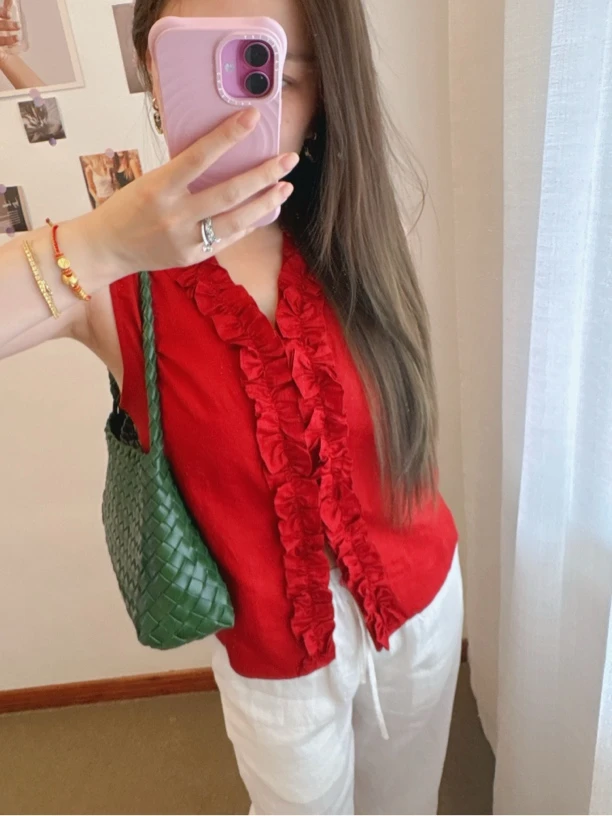 锦忆Hikikiki 纯欲显白手工褶皱木耳边无袖亚麻衬衫 女