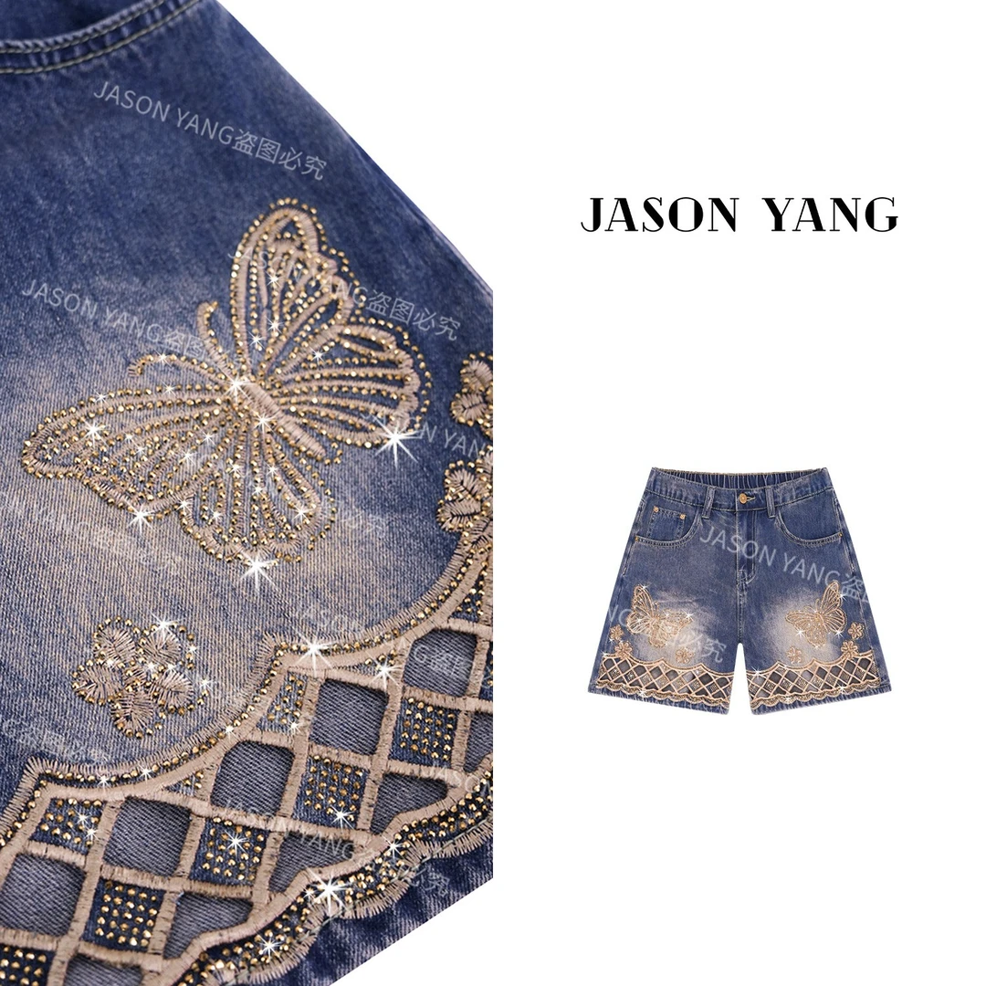 丽丽家 夏季新款紫蝶逸韵烫钻刺绣牛仔短裤