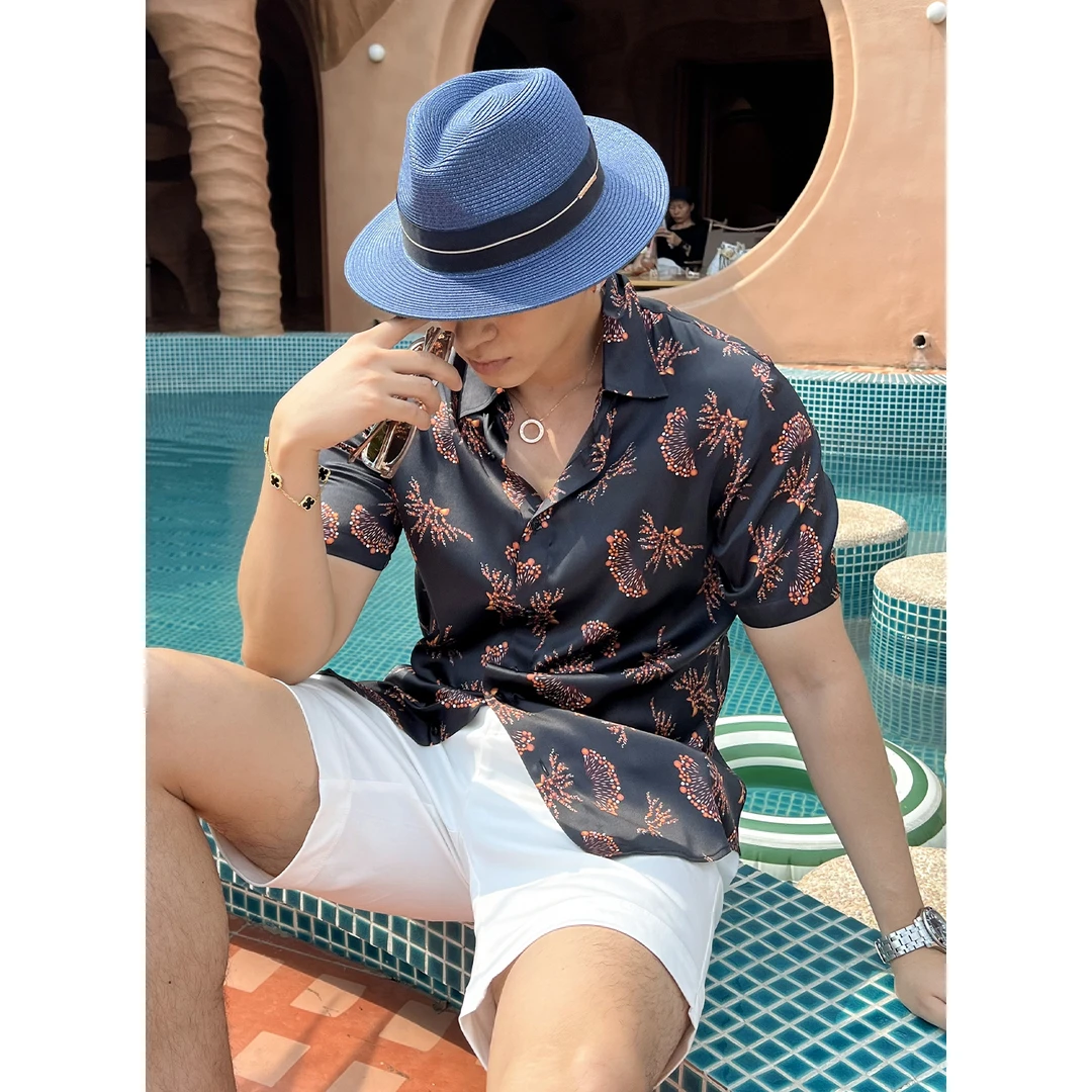 言吉男装高端新品休闲真丝衬衫夏季新款时尚桑蚕丝衬衣YJ561