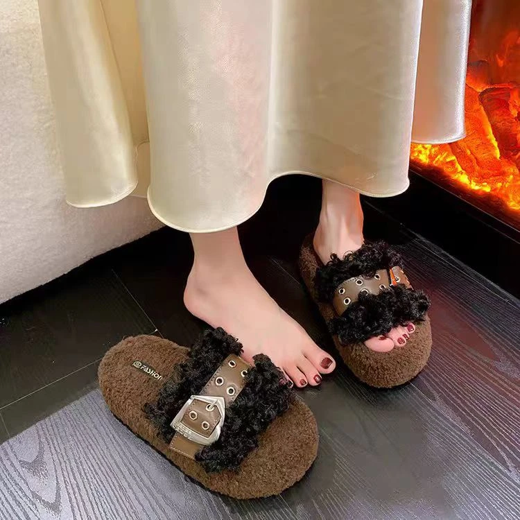 870黑色时尚毛毛拖鞋女秋冬外穿新款ins潮厚底休闲居家
