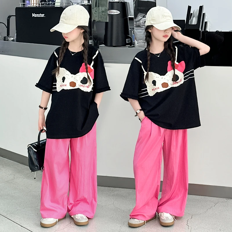 女童夏季韩版休闲短袖T恤套装2025新款中大儿童洋气休闲裤两件套