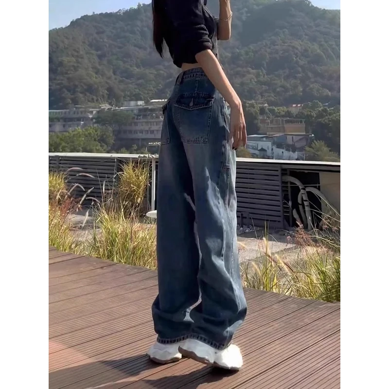 复古港风牛仔裤女新款高腰显瘦大码胖mm小个子夏季薄款弯刀阔腿裤