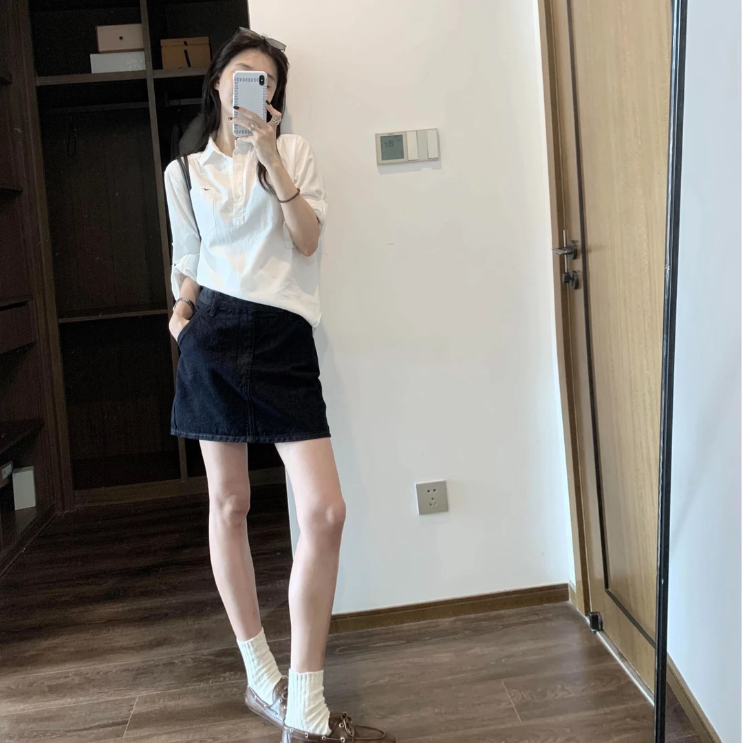 韩系学院风简约白色短袖衬衫女夏季新款薄款休闲宽松翻领上衣套装
