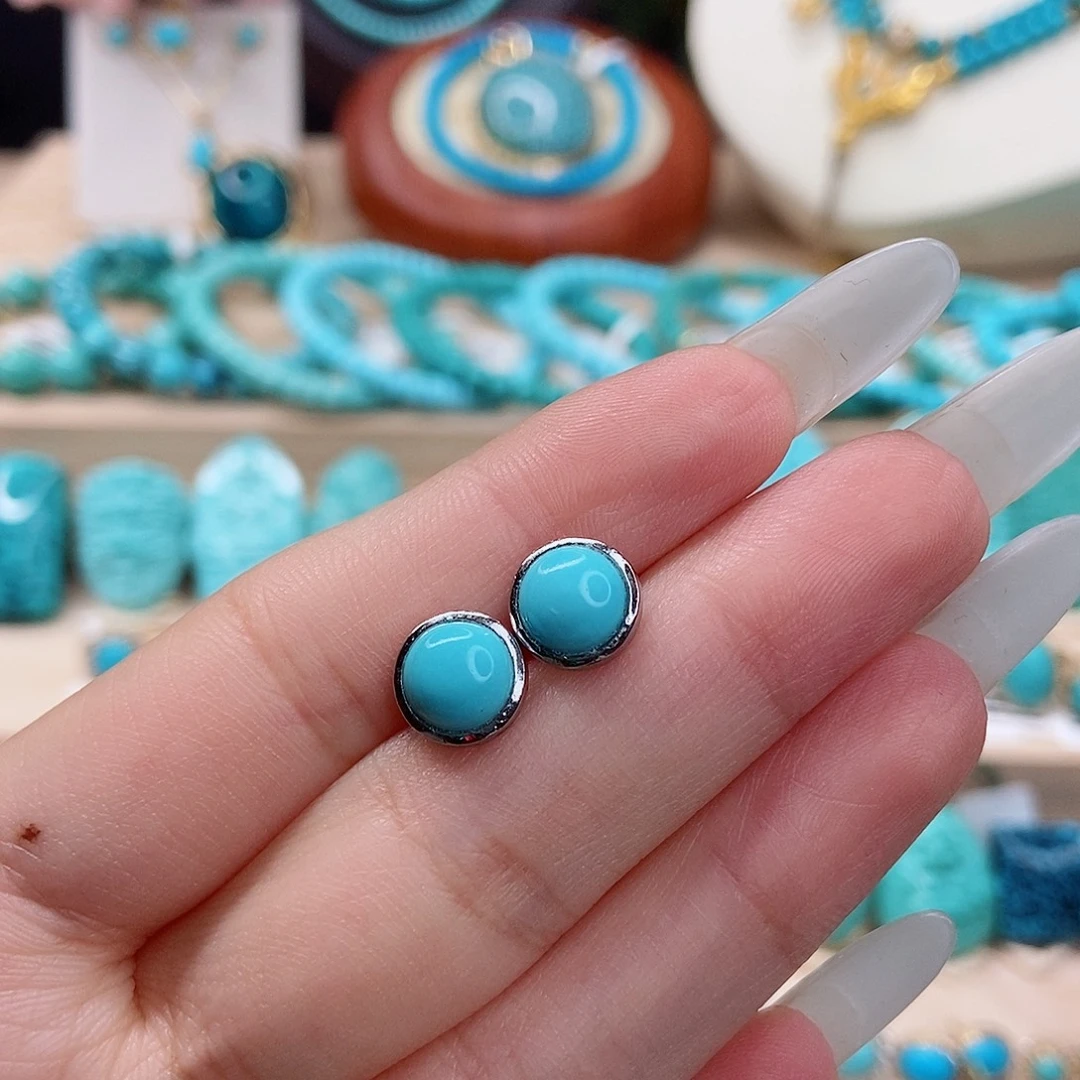 樱***落绿松石银S925镶嵌高瓷蓝简约款耳钉