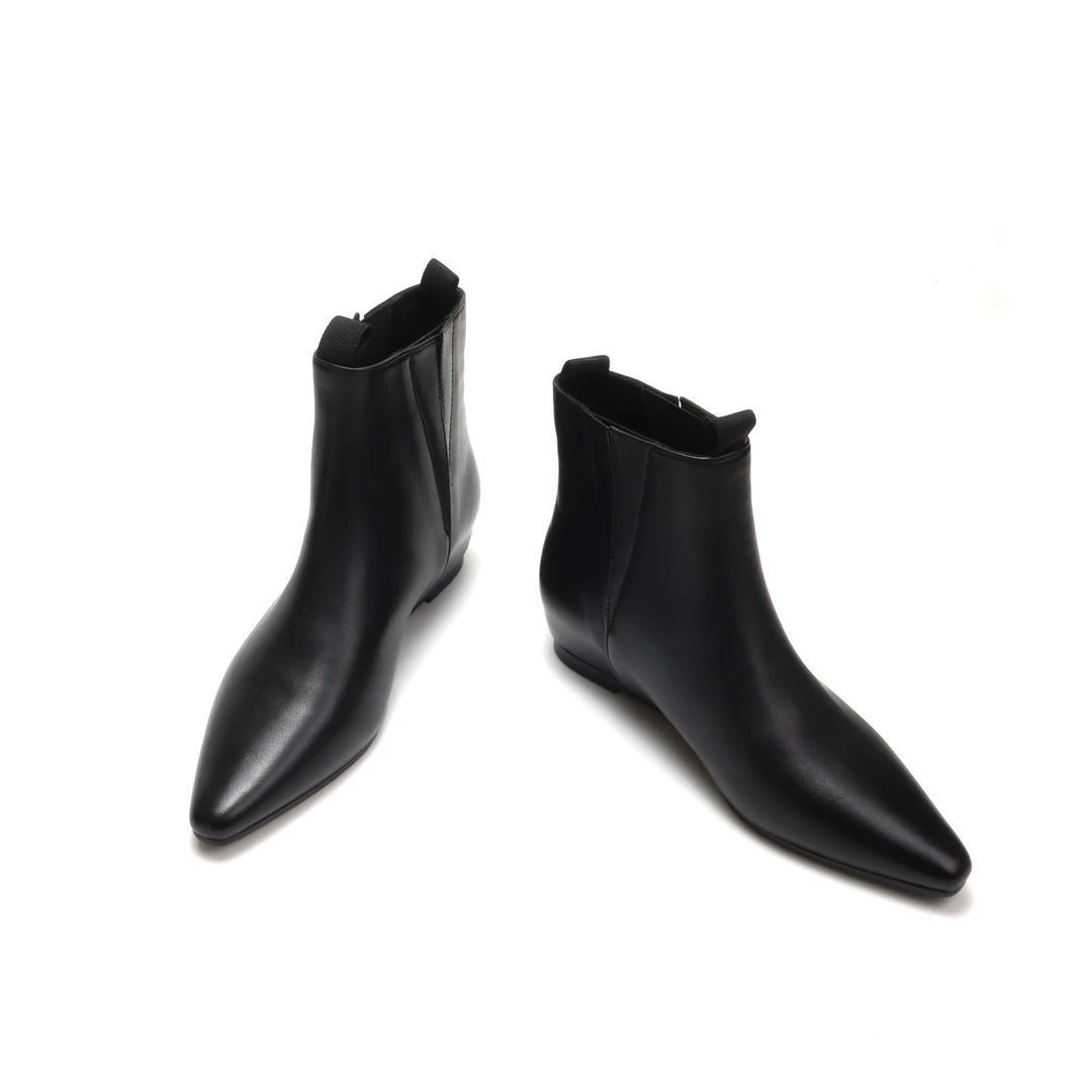 尖头羊皮气质极简百搭平底V口短靴切尔西女瘦瘦靴单靴XC1109-1