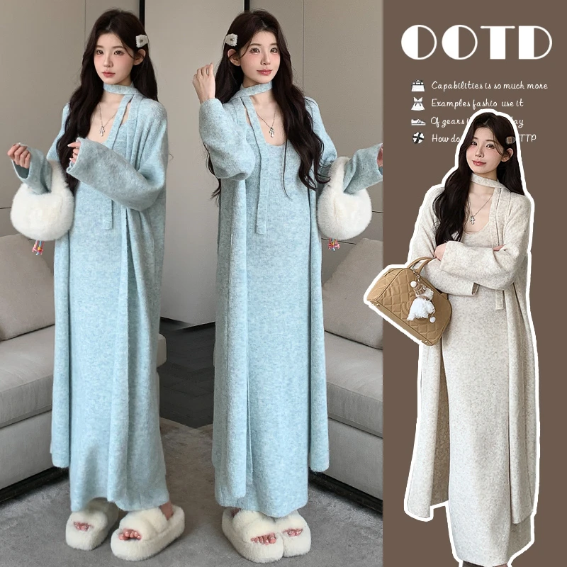 时髦孕妇装新款秋冬韩系长款毛衣连衣裙春秋长袖针织时尚连帽套装