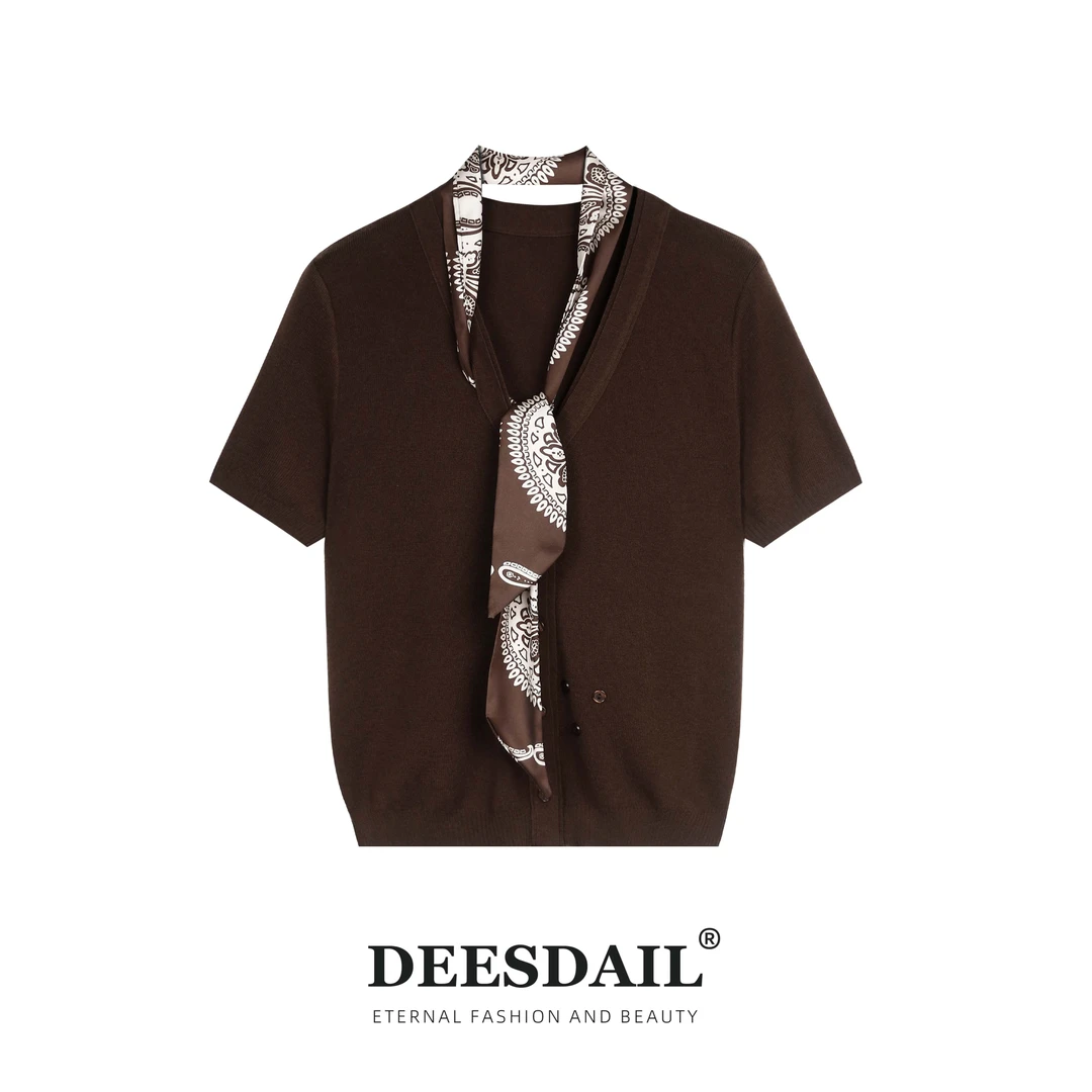 DEESDAIL早秋咖色短袖丝巾上衣气质显瘦百搭t恤知性女装新款Y376