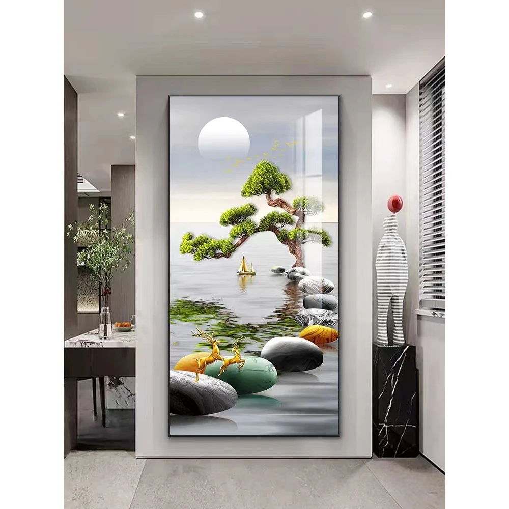 迎客松时来运转入户门玄关装饰画轻奢高档铝合金晶瓷描金镶钻挂画