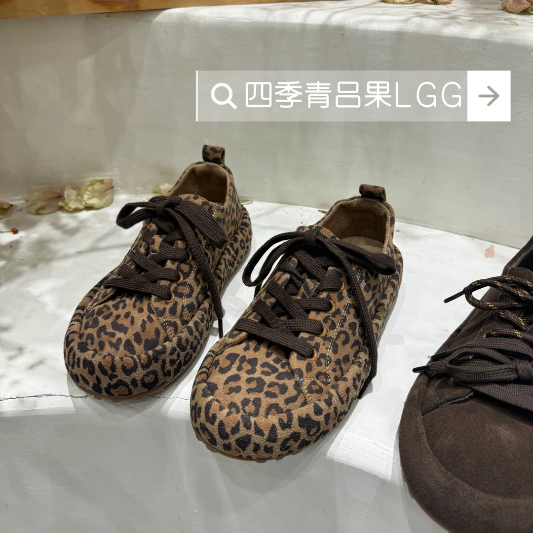 豹纹加绒欧货板鞋女2025平底牛皮百搭休闲个性舒适系带德训鞋