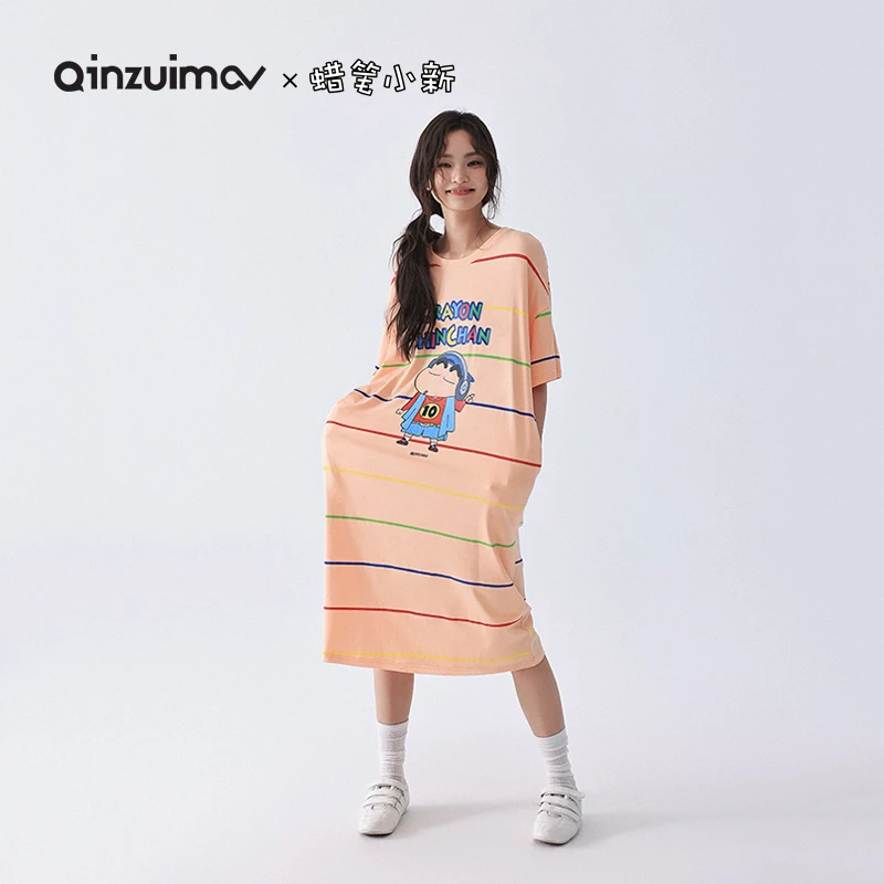 亲嘴猫【蜡笔小新】条纹睡裙睡衣女夏季短袖莫代尔棉休闲家居服外穿
