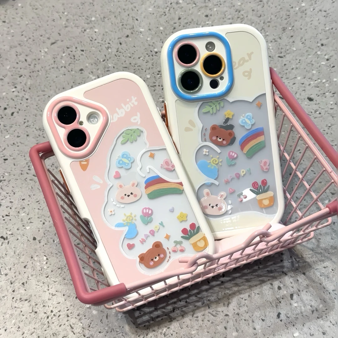 可爱彩虹小熊兔子适用苹果16promax奶油手机壳华为vivo小米15oppo