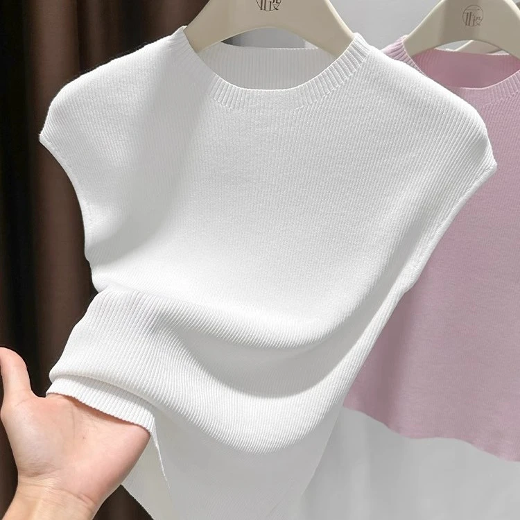 芯娇晴白色软糯针织薄款无袖背心女装气质小飞袖t恤显瘦坎肩上衣