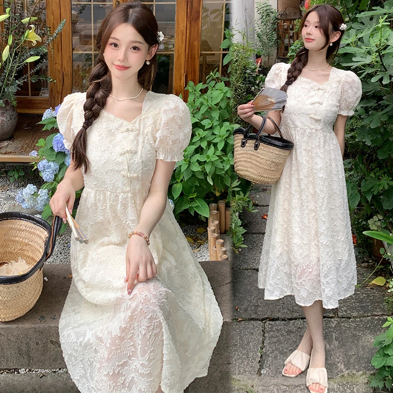 7003夏季2025年大码女装新中式旗袍风胖mm遮肉显瘦泡泡袖连衣裙