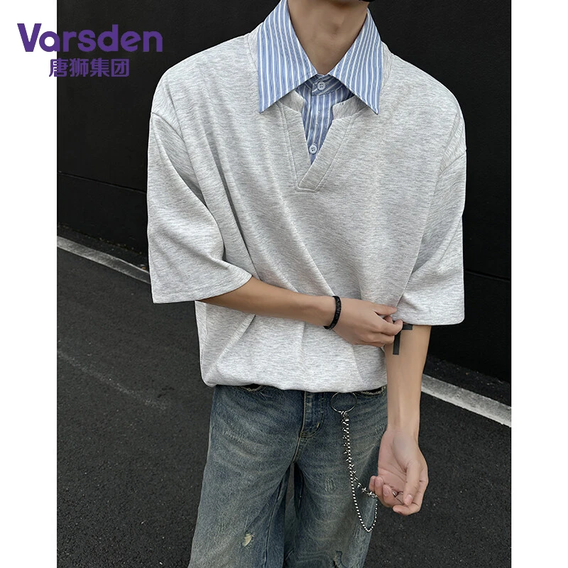 唐狮集团Varsden夏季假两件拼接衬衫领短袖t恤高级感男装痞帅上衣