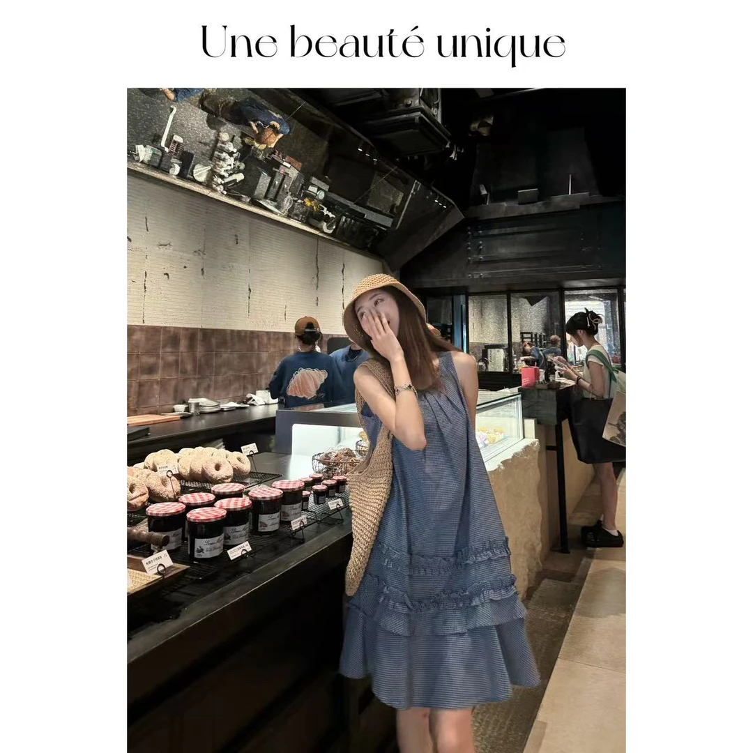 【法戈】休闲气质蓝色格纹宽松木耳花边无袖小众百搭连衣裙