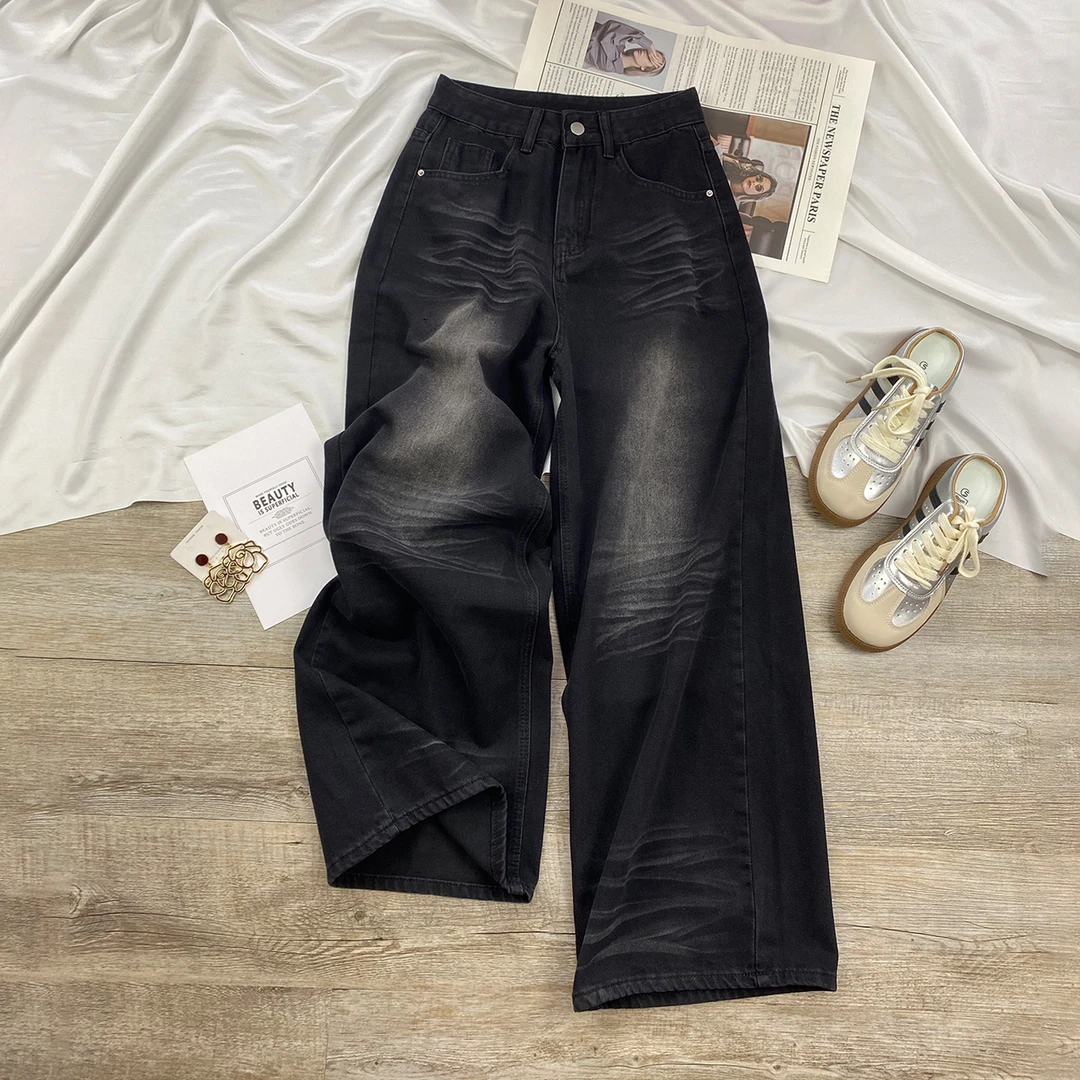 猫须设计直筒牛仔裤女2025年秋季新款高腰显瘦宽松松弛感阔腿裤女