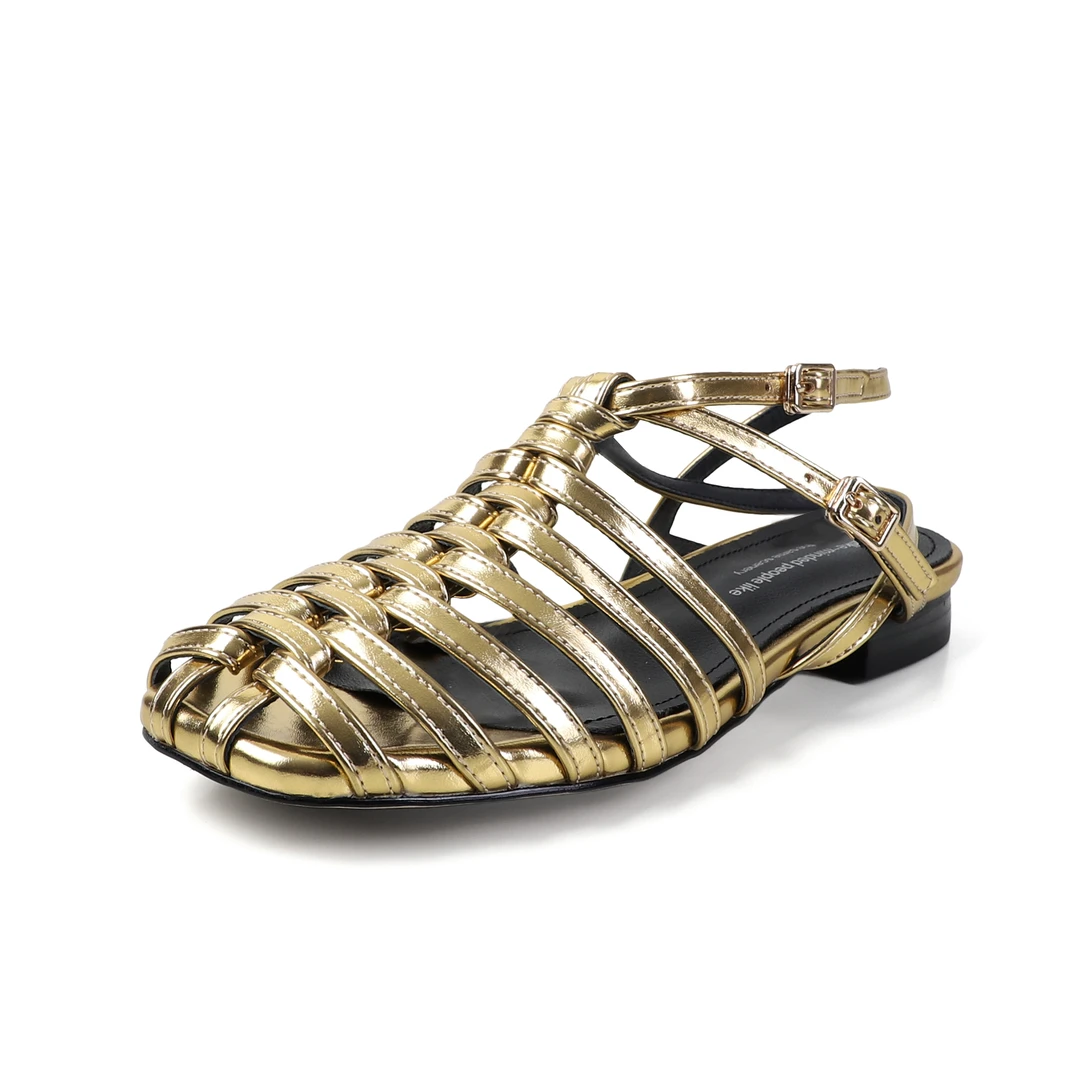 轻奢高级感金色编织罗马鞋女夏2025年真皮软底不累脚休闲镂空凉鞋