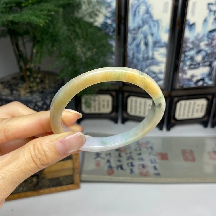 57.5紫底黄翡飘花三彩方镯  天然翡翠A货手镯