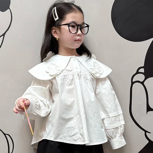 （清仓）女宝宝法式娃娃荷花领衬衫白色净版甜美洋气阔版上衣