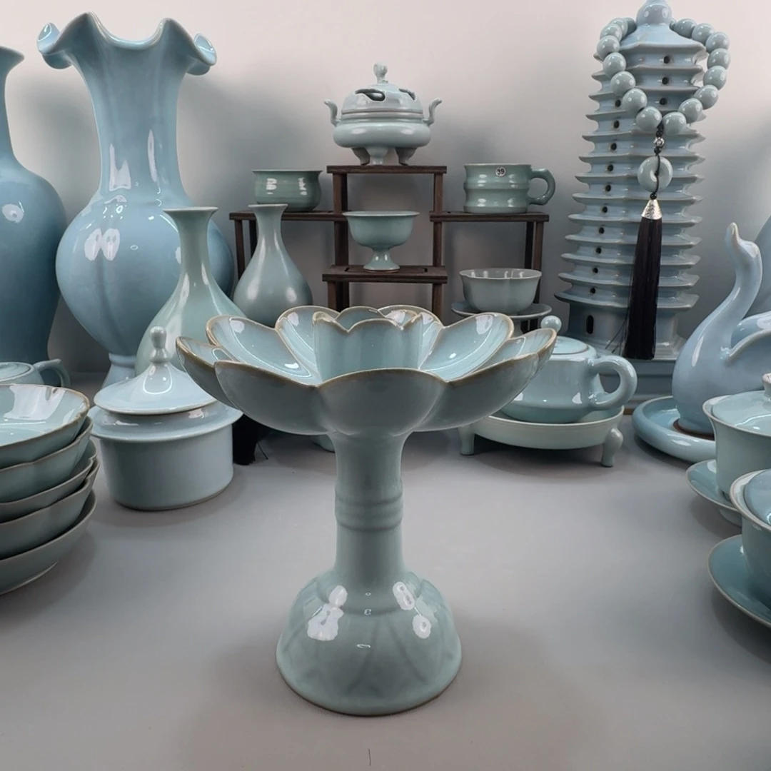 摆件微瑕汝窑天青釉烛台