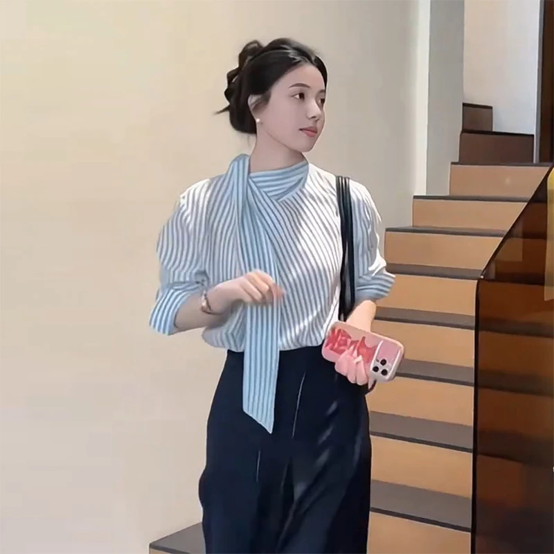春季系带条纹宽松长袖衬衫上衣女装新款拼接洋气休闲百搭小众衬衣