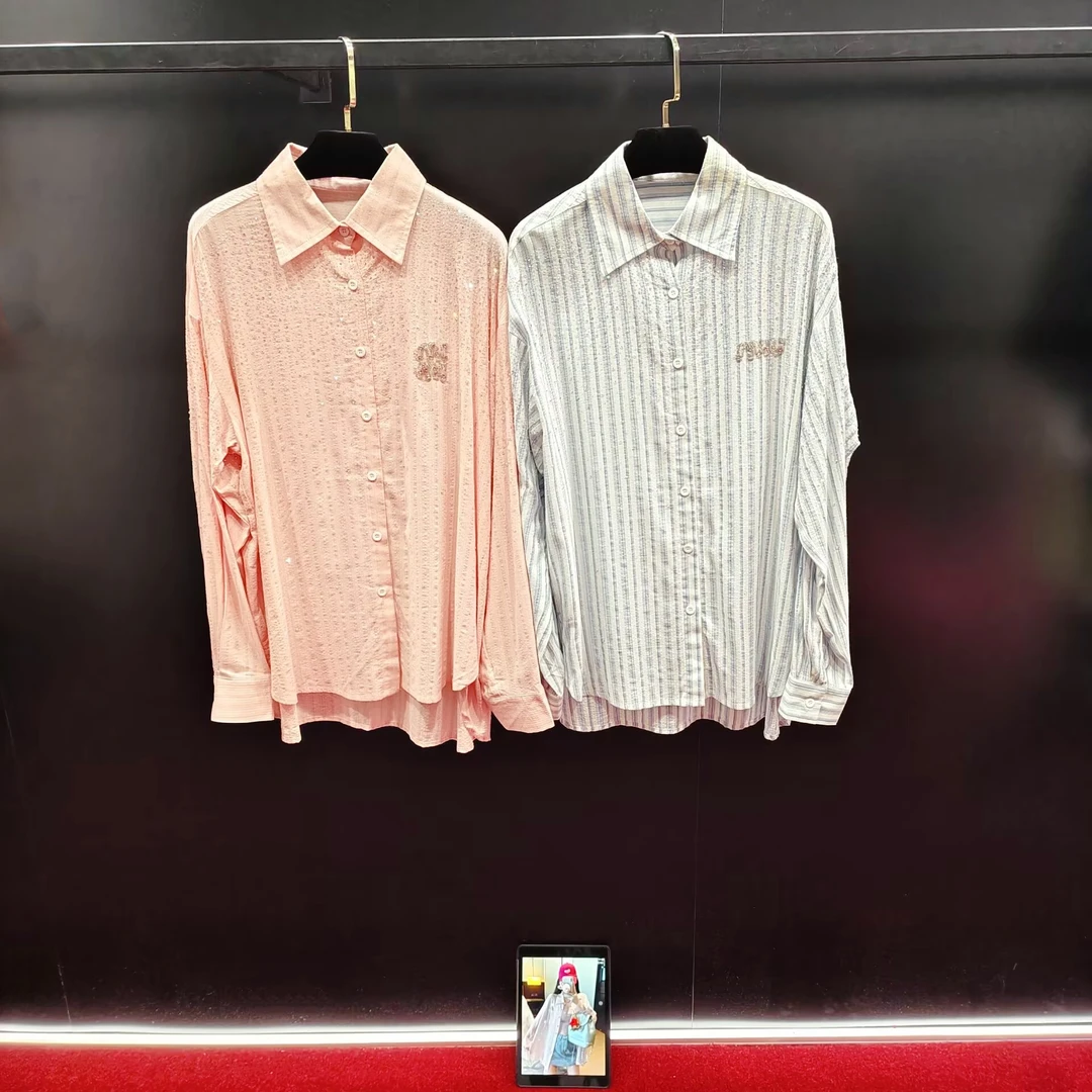 4597 条纹蓝色粉色衬衫气质衬衣长袖时尚休闲春季翻领女士宽松