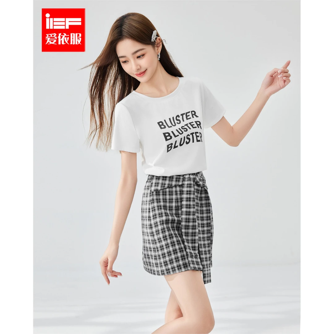 IEF/爱依服2025新款夏季设计感韩版百搭休闲字母T恤+格子半身裙