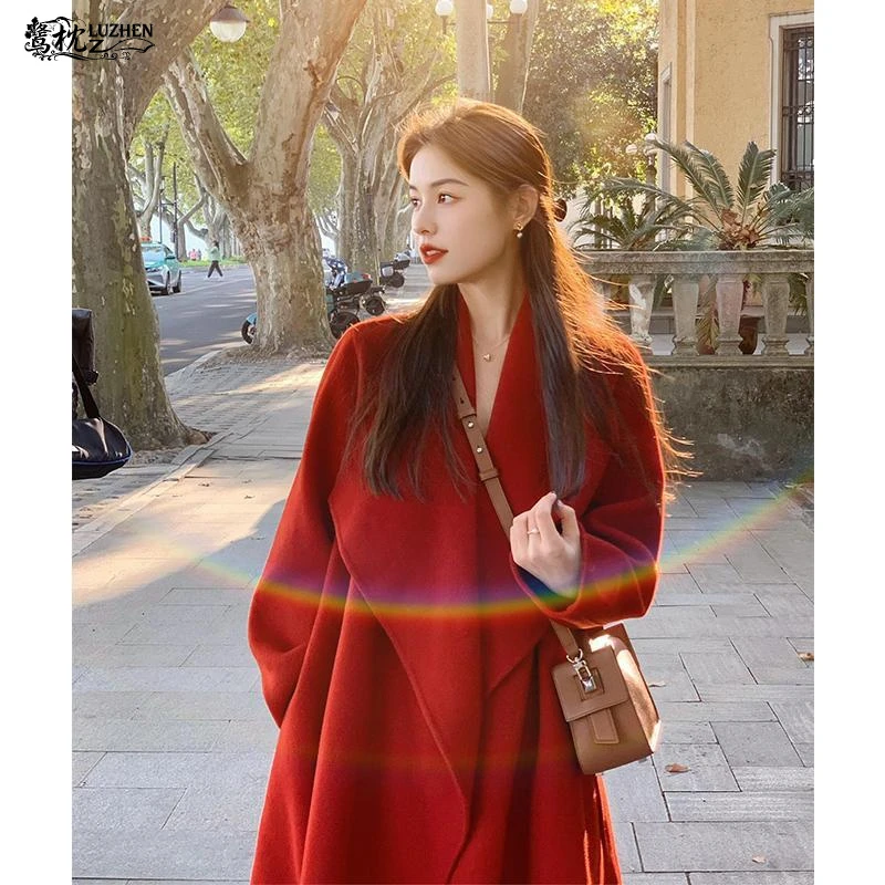 鹭枕LUZHEN婚庆双面呢大衣女2025冬秋高级感圣诞红色中长款呢