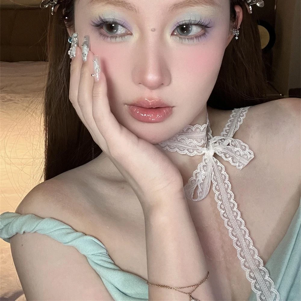 蝴蝶结白色蕾丝飘带颈链项链轻奢小众女细窄丝带百搭锁骨颈带丝巾