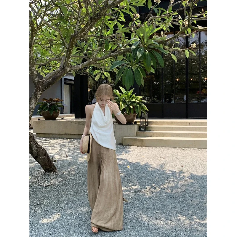 2025新款气质高级褶皱设计挂脖背心上衣高腰垂感显高阔腿裤套装