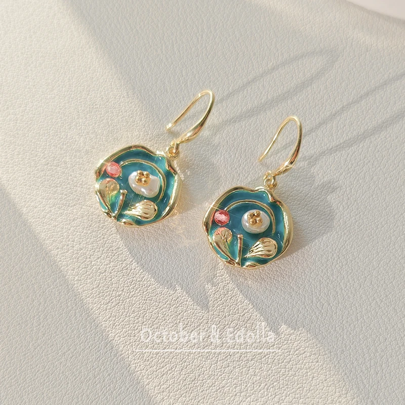 铜合金珐琅耳饰 夏日清新耳钉植物花卉拼色耳环时尚设计感宫廷风
