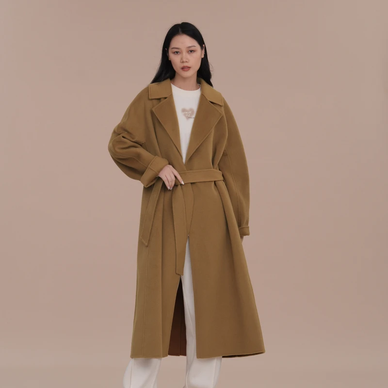XG雪歌驼色大翻领收腰长款毛呢大衣显瘦系带通勤过膝呢子外套